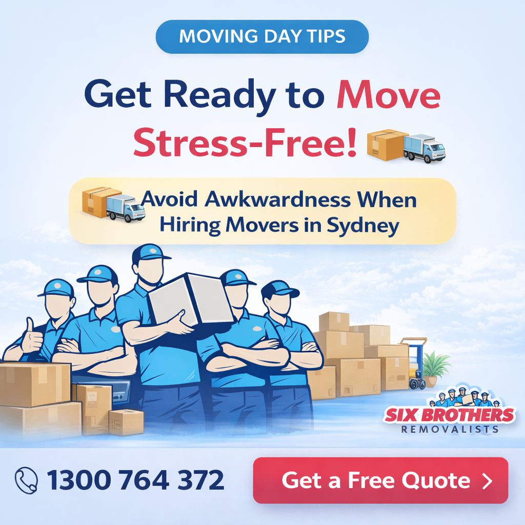 Hiring movers Sydney guide showing stress-free moving day tips with Six Brothers Removalists team and CTA