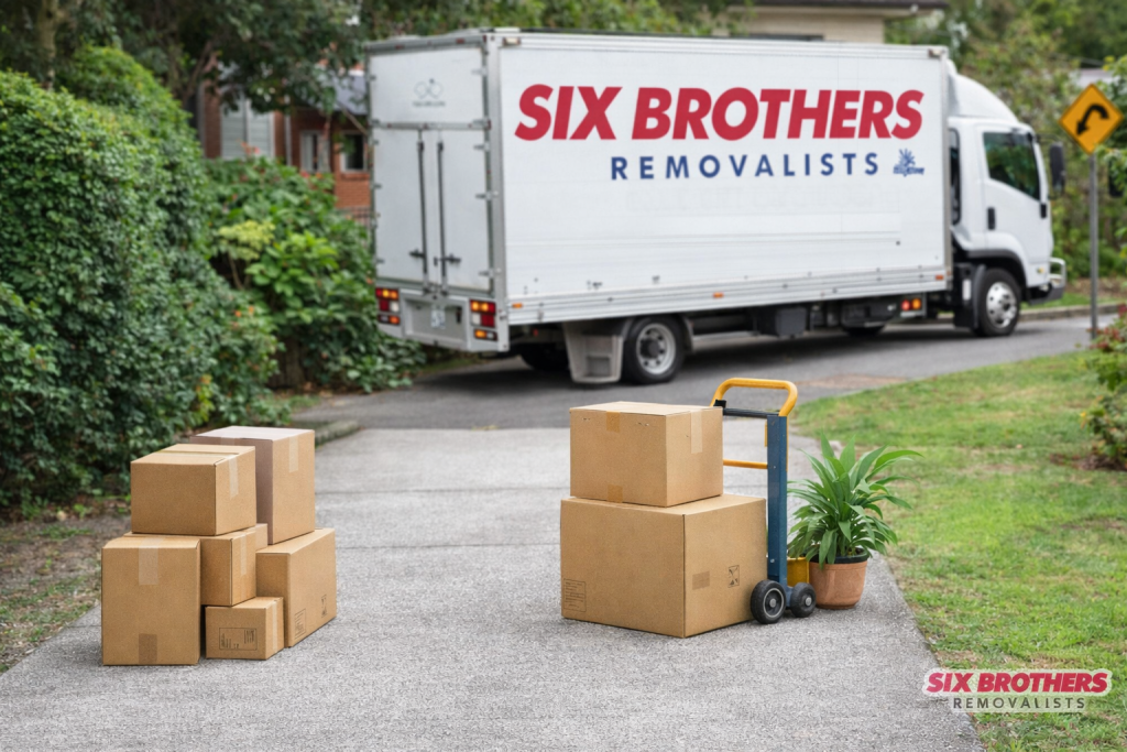 Hiring movers Sydney cover showing moving truck, boxes, and home by Six Brothers Removalists