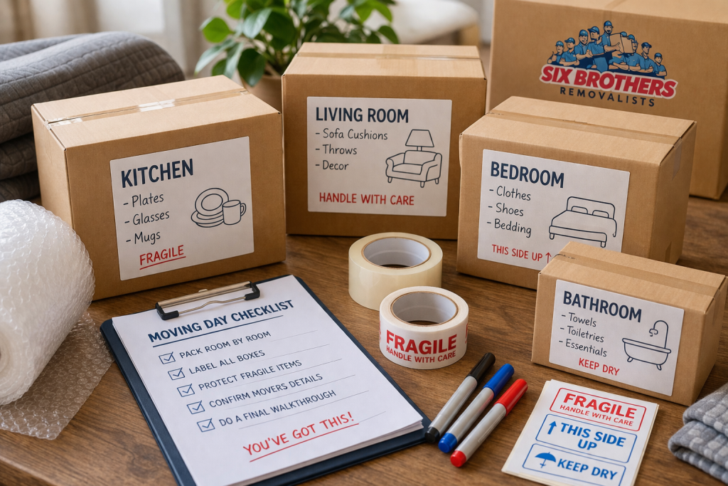 Hiring movers Sydney packing setup with labelled boxes, tape, and supplies by Six Brothers Removalists