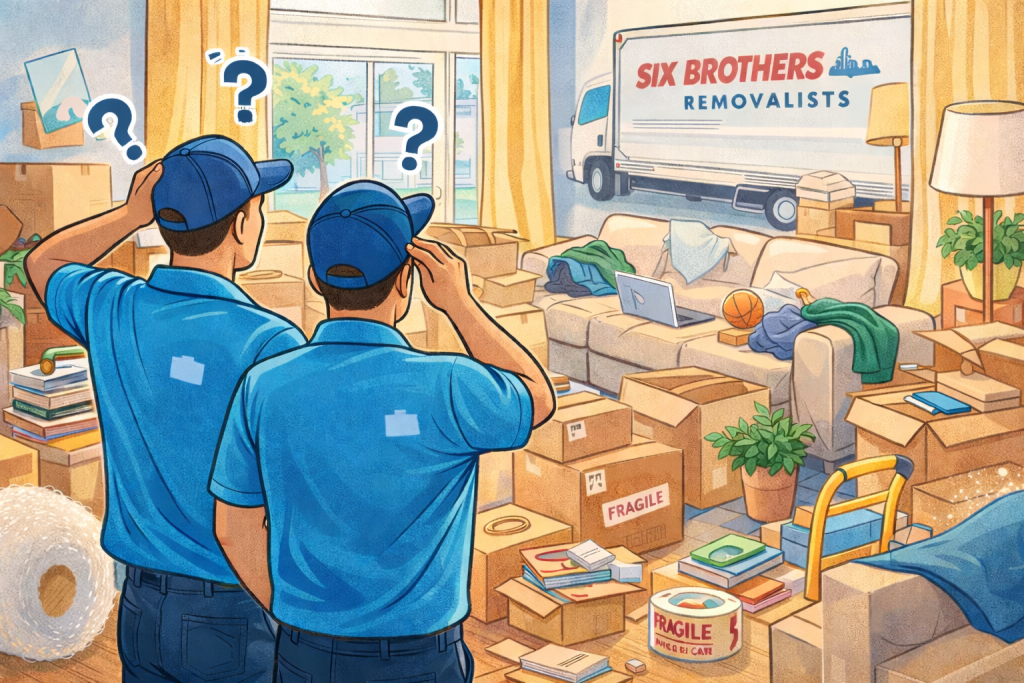 Hiring movers Sydney mistake showing messy half packed room confusing movers Six Brothers Removalists
