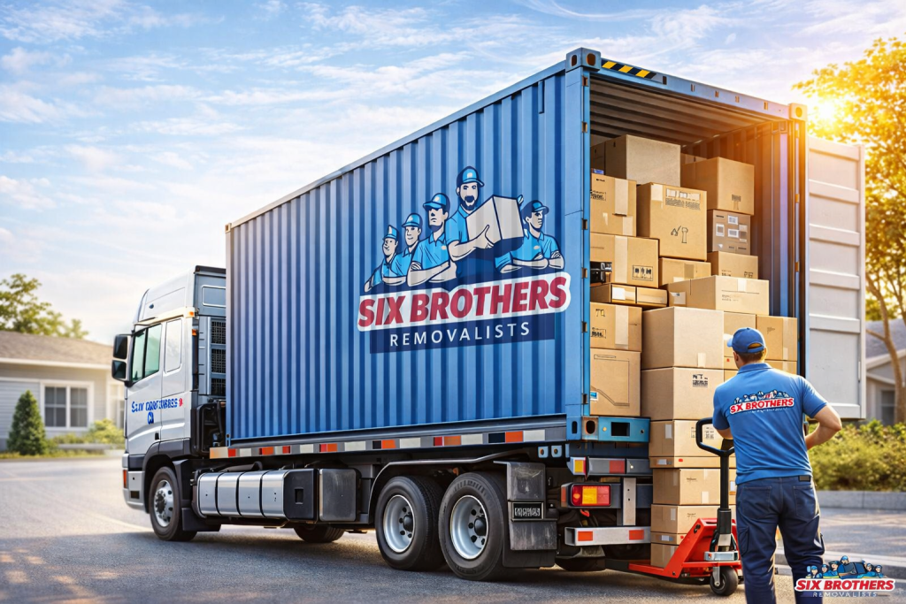 20ft shipping container being loaded onto a flatbed truck for moving, Six Brothers Removalists Australia