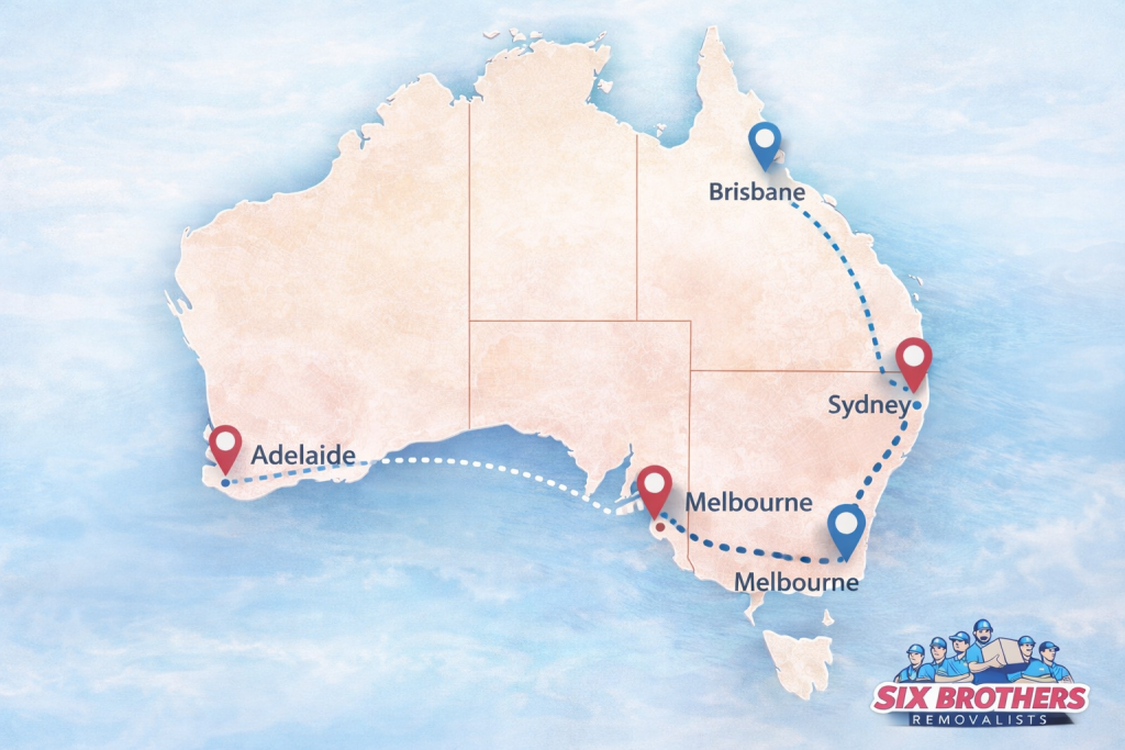 Australia interstate moving routes map showing Sydney to Melbourne Brisbane paths, Six Brothers Removalists