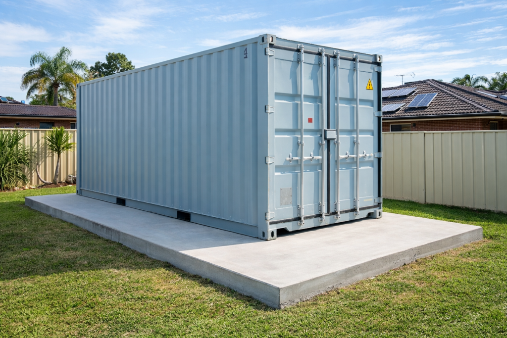 Shipping container foundation on concrete slab in Sydney backyard by Six Brothers Removalists