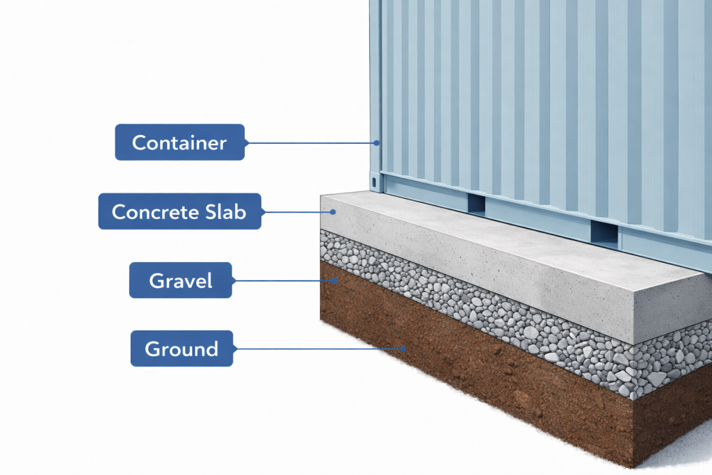 Shipping container foundation layers diagram showing ground, gravel, slab by Six Brothers Removalists