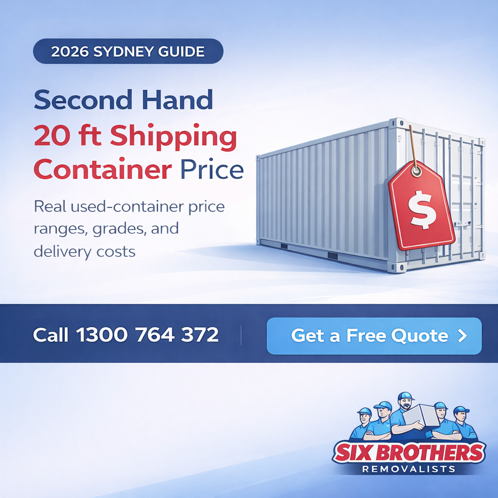 Second hand 20 ft shipping container price guide graphic for Sydney by Six Brothers Removalists with CTA