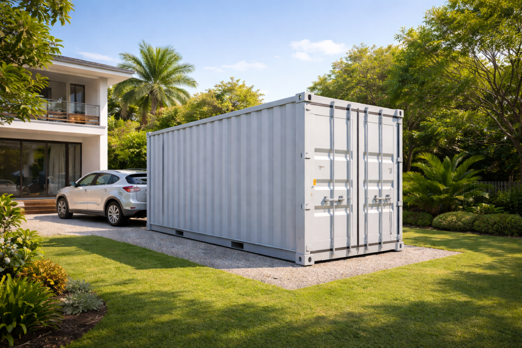 Second hand 20 ft shipping container on a Sydney property by Six Brothers Removalists