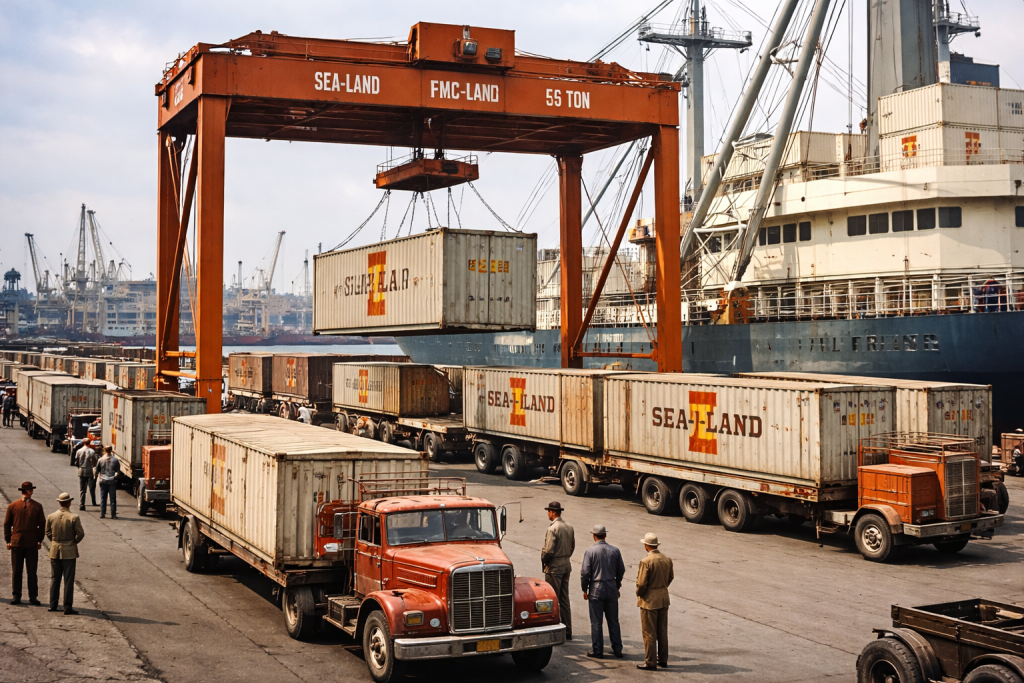 Vintage early shipping container port scene for second hand 20 ft shipping container guide by Six Brothers Removalists