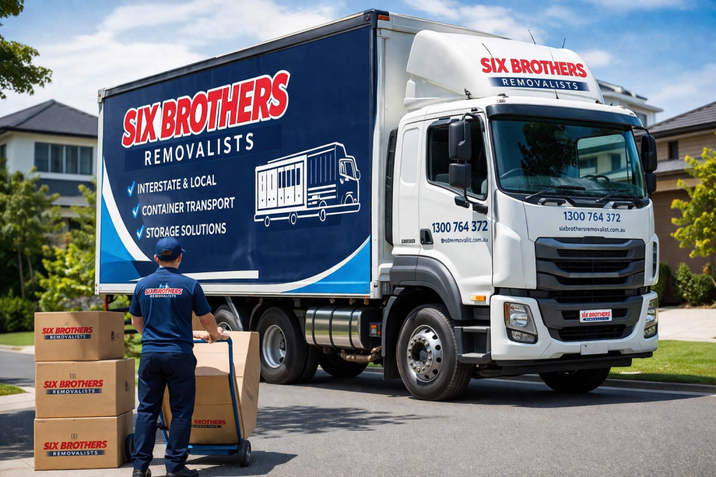 Six Brothers Removalists truck with container transport and moving service in Australia suburban street