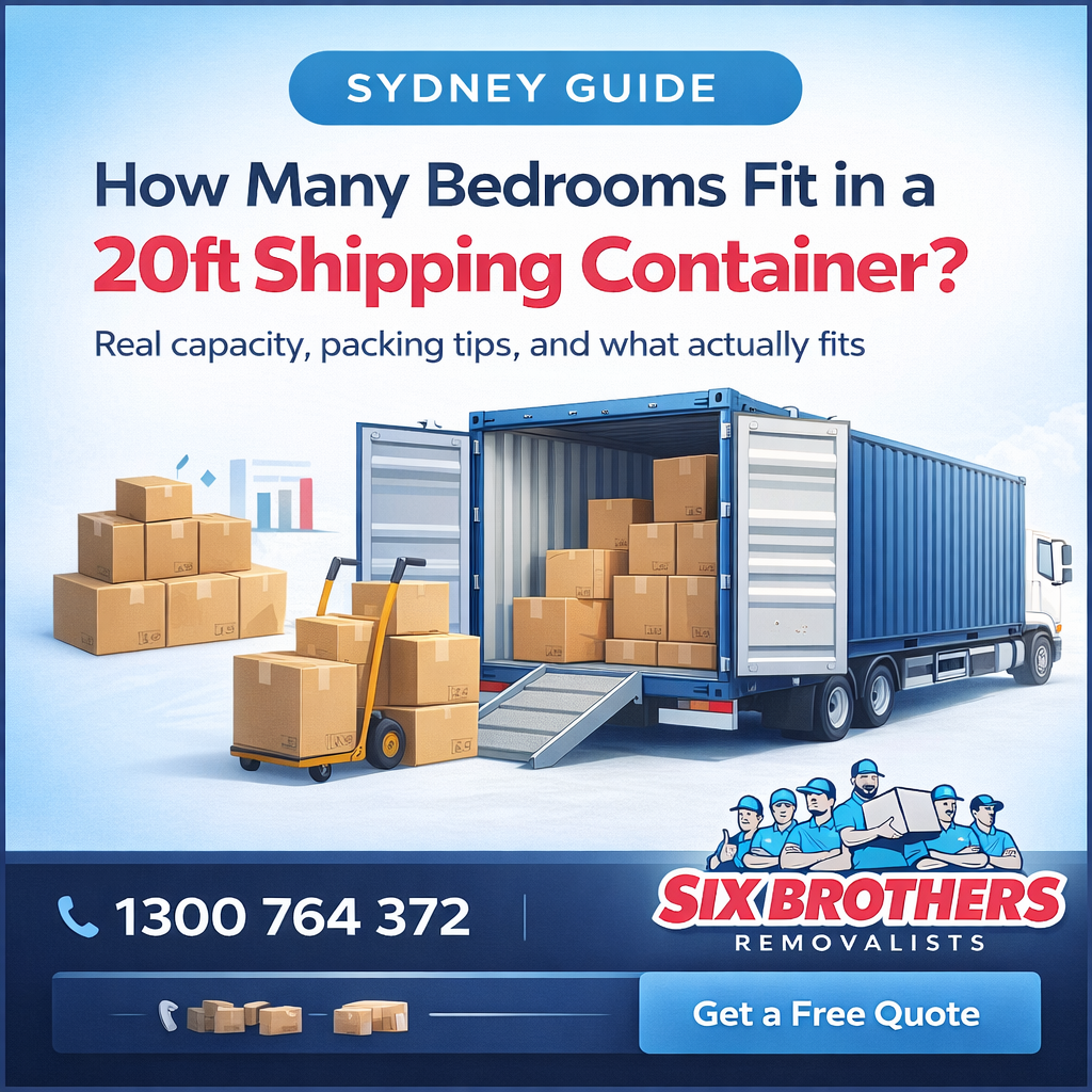 20ft shipping container capacity showing moving boxes and loading truck, Six Brothers Removalists Sydney