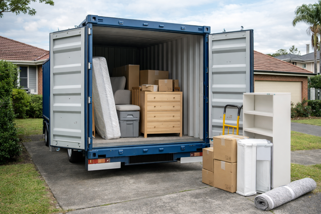 20ft shipping container with furniture loading in Sydney driveway, Six Brothers Removalists