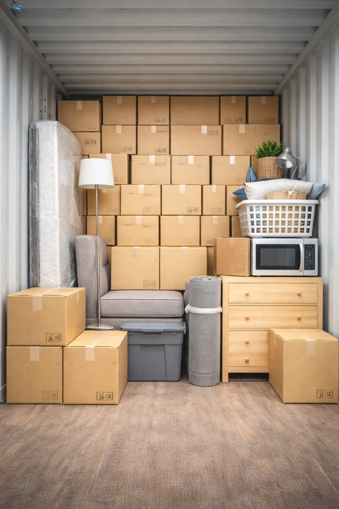 20ft shipping container packed with boxes and furniture stacked to ceiling, Six Brothers Removalists Sydney