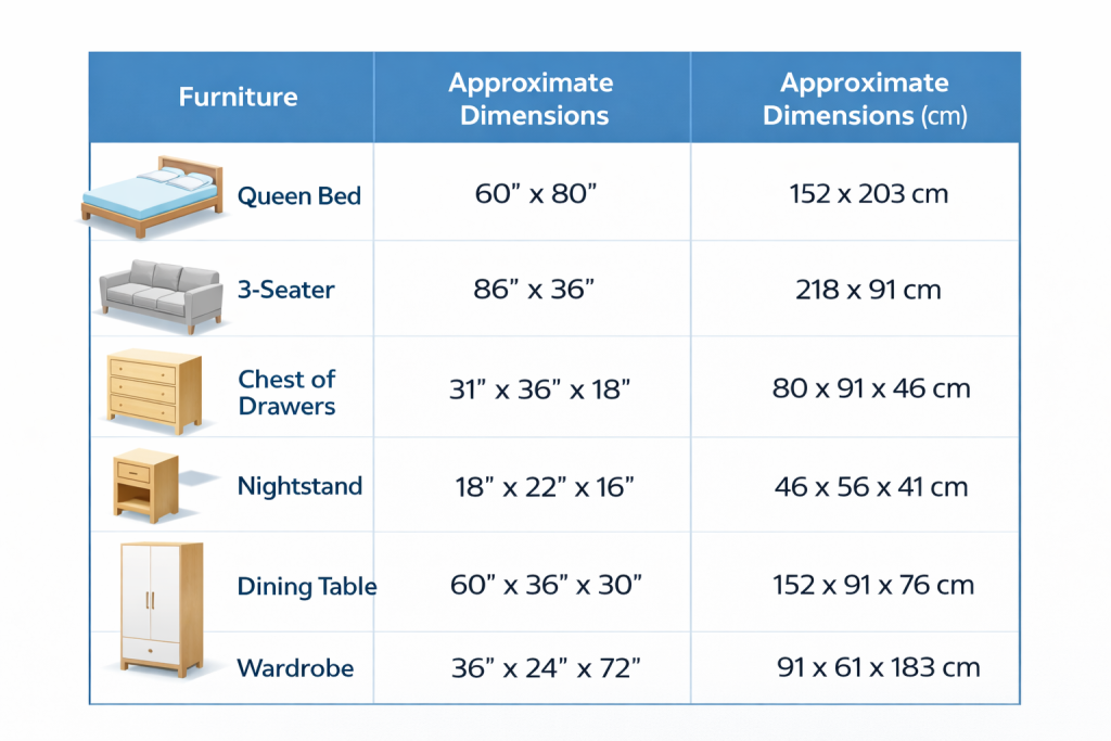 furniture dimensions for 20ft shipping container move, Six Brothers Removalists Sydney guide