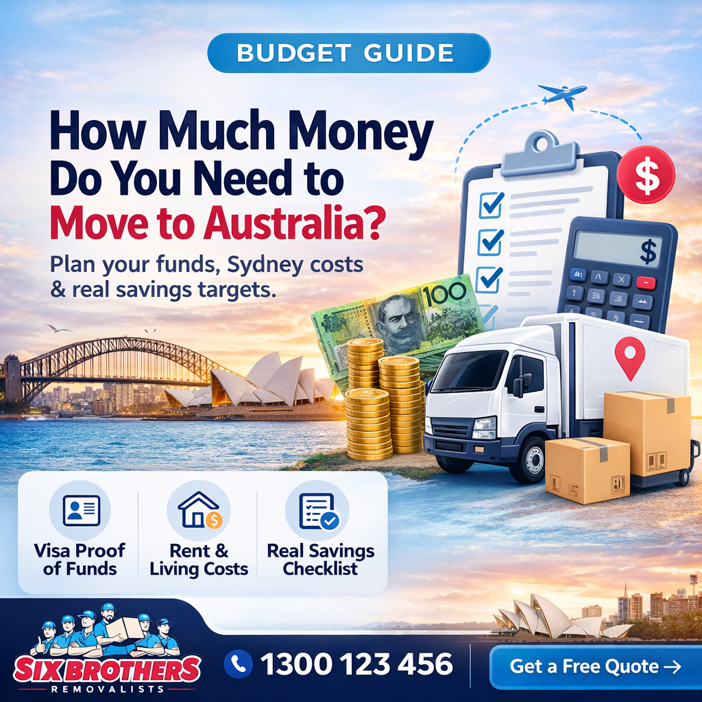 How much money to move to Australia budget guide by Six Brothers Removalists with Sydney skyline and CTA.