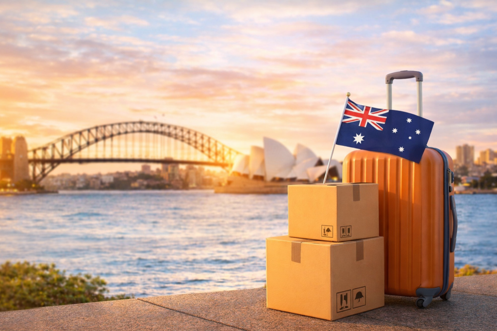 Moving to Australia cover image by Six Brothers Removalists with Sydney Harbour, suitcase, and boxes.
