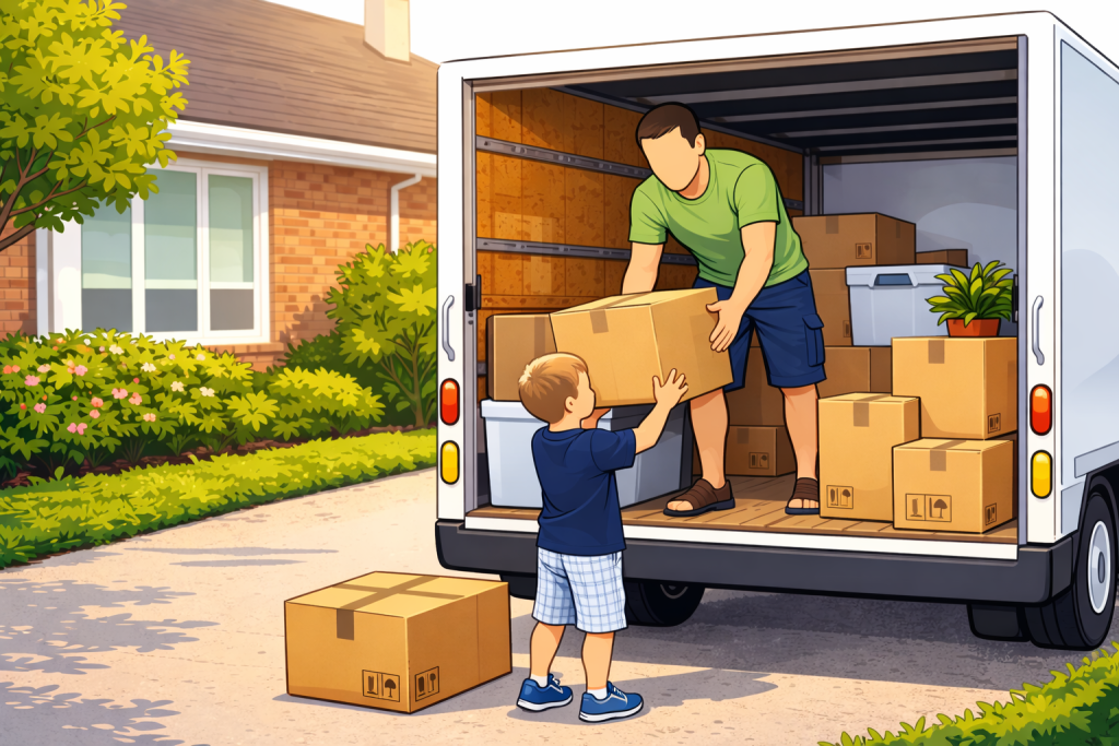 Family loading a removalist truck illustration by Six Brothers Removalists with packed moving boxes.