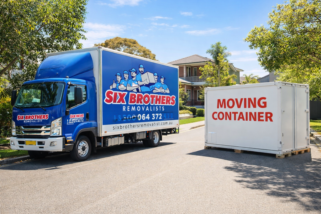 Six Brothers Removalists truck beside a portable moving container on a Sydney street for cheapest moving container guide
