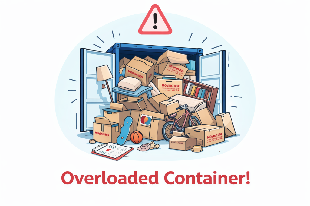 Overloaded moving container illustration with items spilling out for cheapest moving container guide by Six Brothers Removalists