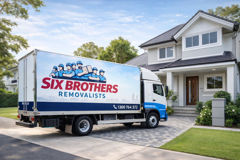 Six Brothers Removalists truck outside a Sydney home for a removalist cost Sydney guide image.