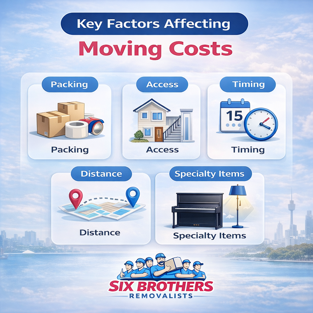 Illustrated moving costs Sydney graphic by Six Brothers Removalists showing packing, access, timing, distance, and specialty items.