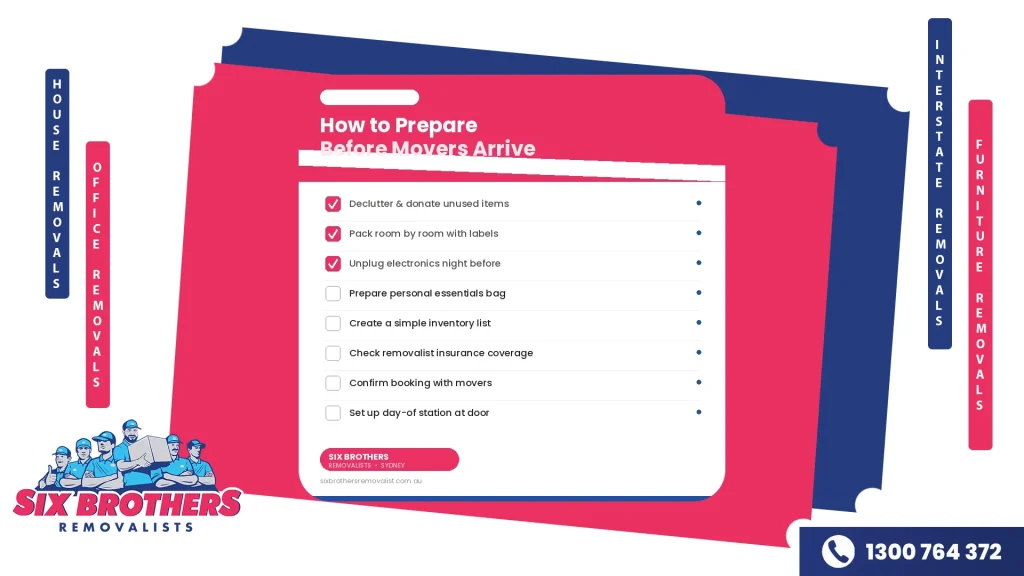 Moving day preparation checklist by Six Brothers Removalists Sydney - pack, label, unplug, and confirm booking
