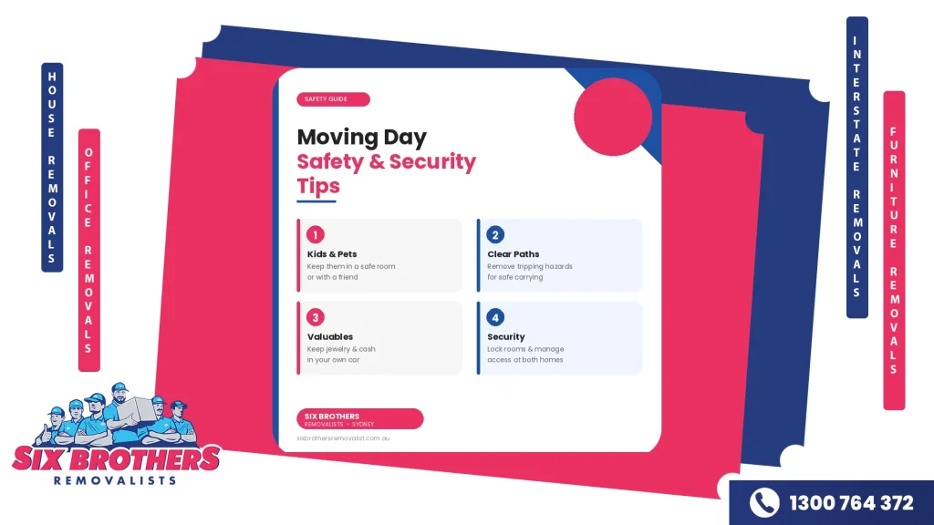 Moving day safety and security tips from Six Brothers Removalists Sydney - kids, pets, valuables, and clear paths.