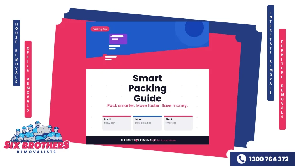 Branded packing guide cover with stacked coloured boxes and three tip cards for efficient moving