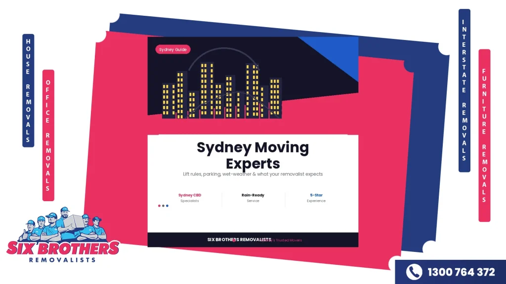 Dark hero banner with Sydney skyline and Harbour Bridge silhouette, white content card with moving service highlights