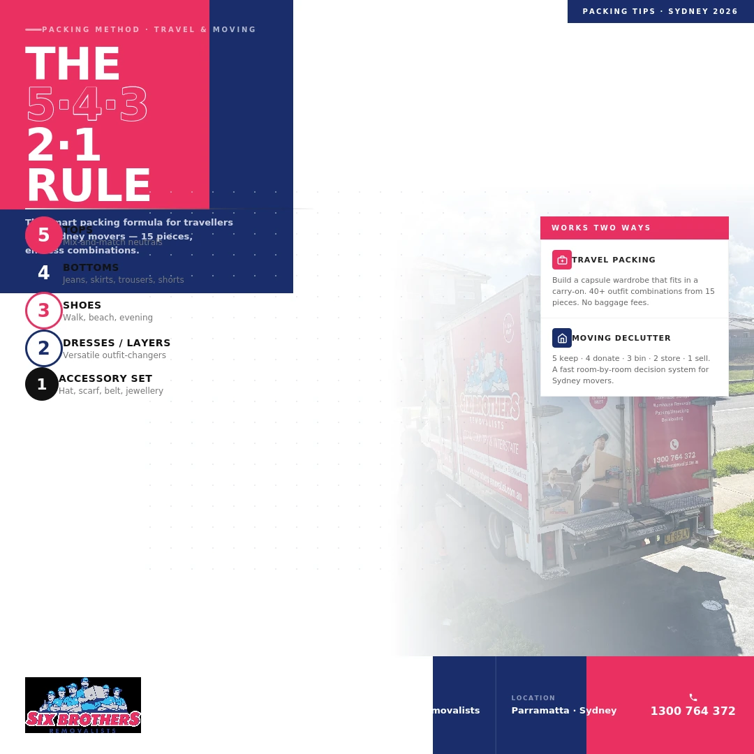 Six Brothers Removalists — featured image for the 5 4 3 2 1 packing rule guide, showing the five-step clothing formula for travel and the declutter countdown method for Sydney house moves