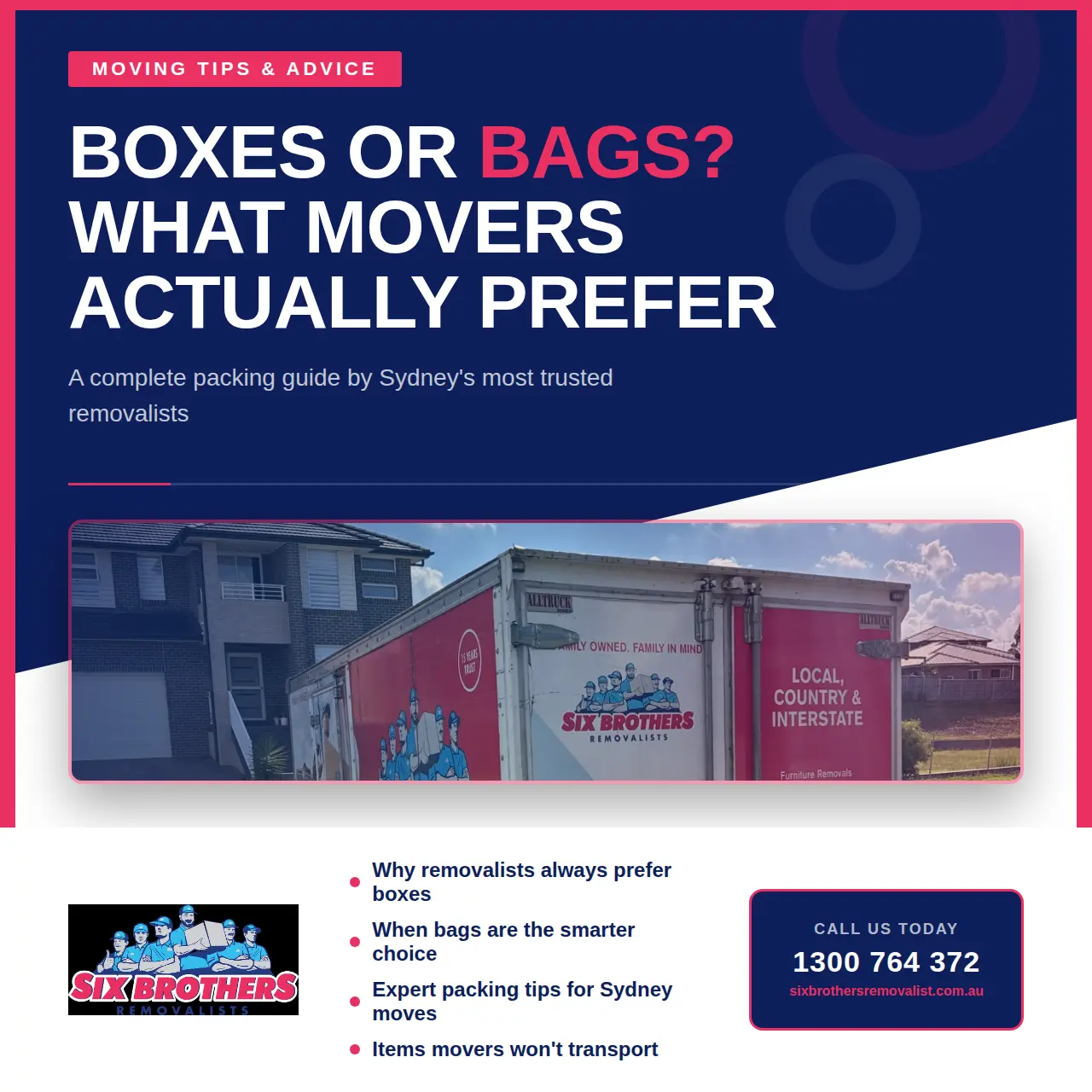 Six Brothers Removalists truck parked outside a Sydney home — blog post featured image about whether movers prefer boxes or bags when packing for a move