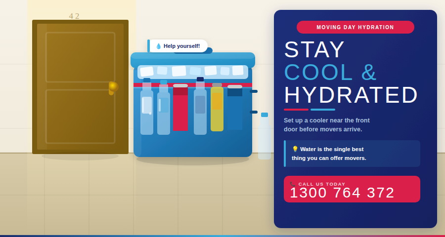 Cooler with cold drinks and water provided for movers during a house move in Sydney