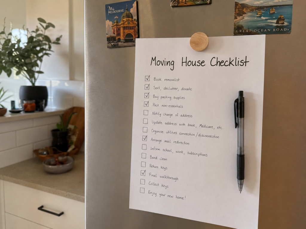 How to stay financially stable during a house move checklist on a fridge by Six Brothers Removalists
