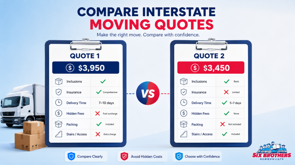 How to compare interstate removalist quotes graphic by Six Brothers Removalists with side-by-side quote sheets