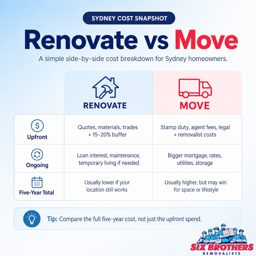Should I renovate or move infographic by Six Brothers Removalists comparing renovation and moving costs