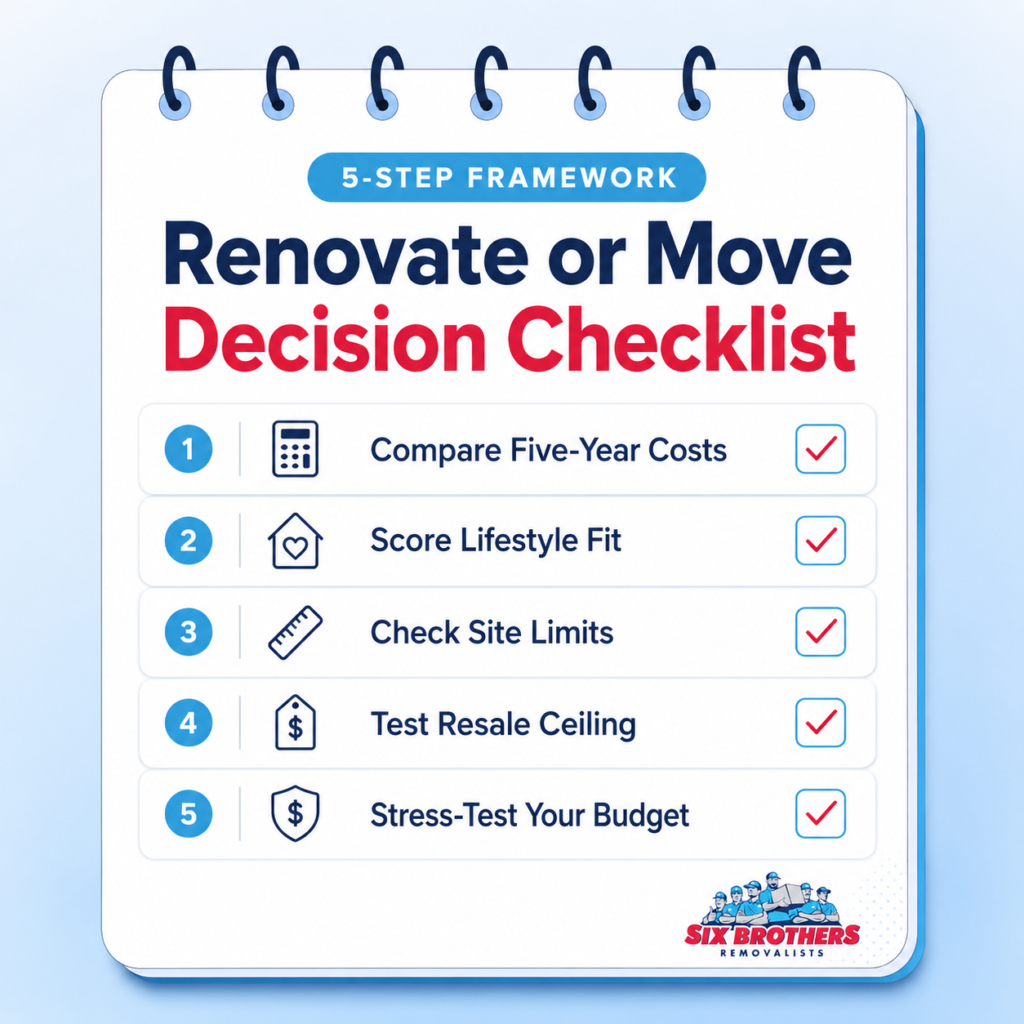 Should I renovate or move checklist graphic by Six Brothers Removalists with five decision steps