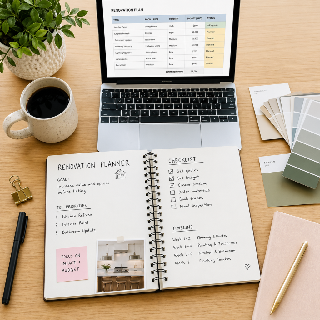 Pre-sale renovation checklist before moving planner with laptop, paint swatches and coffee for Six Brothers Removalists