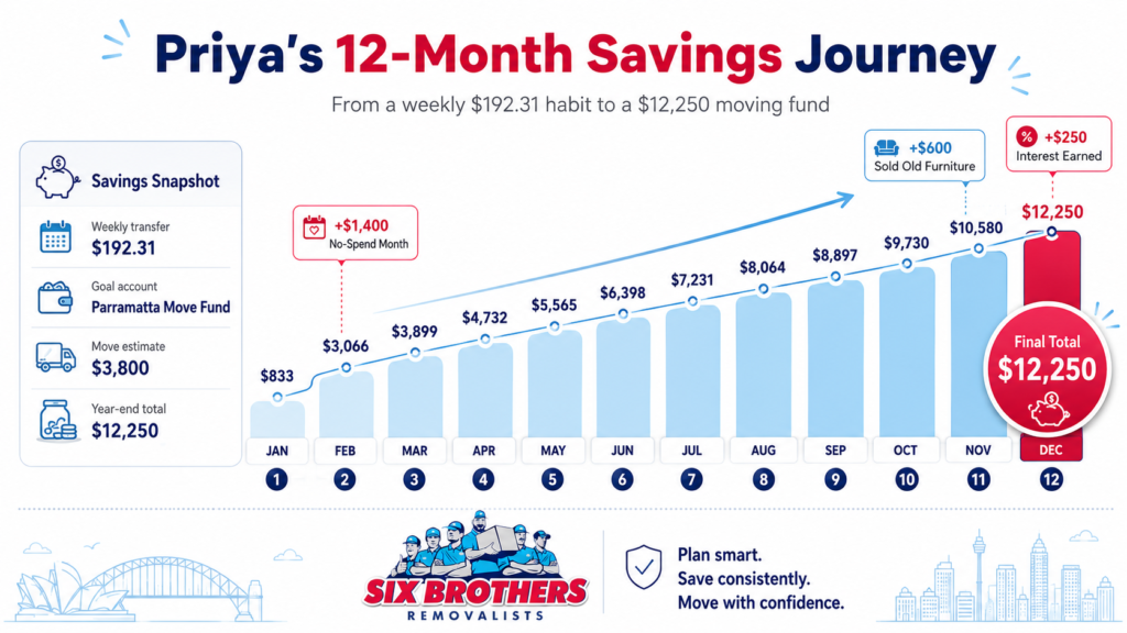 $27.39 rule savings journey by Six Brothers Removalists showing Priya’s 12-month path to $12,250