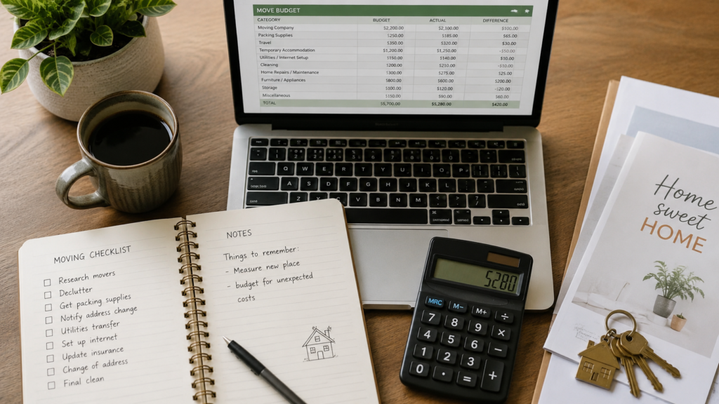 how to financially prepare for a house move planning desk with laptop and calculator by Six Brothers Removalists