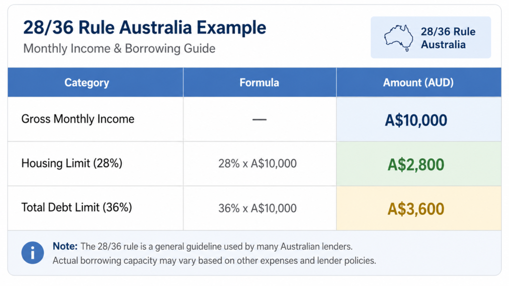 28/36 rule Australia table by Six Brothers Removalists showing A$10,000 income breakdown