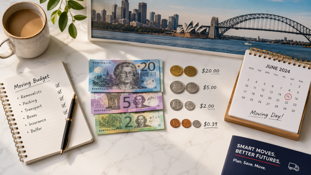 Flat-lay cover image of the $27.39 rule with Australian money, calendar, and Sydney skyline by Six Brothers Removalists
