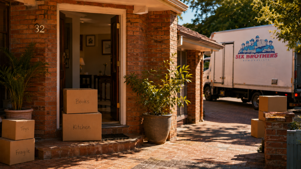 Smart money habits before moving house cover image with moving boxes and truck by Six Brothers Removalists