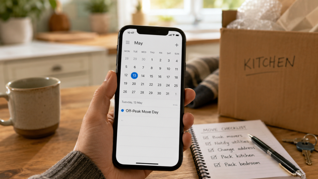 Smart money habits before moving house with an off-peak Tuesday move booking shown by Six Brothers Removalists