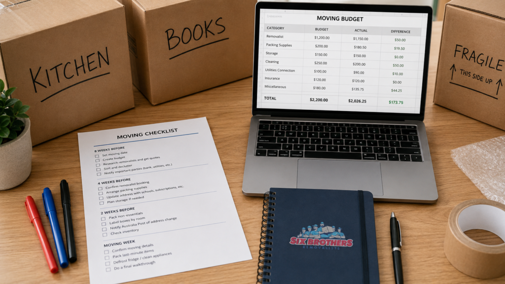 Smart money habits before moving house image with checklist, budget laptop, and Six Brothers notebook