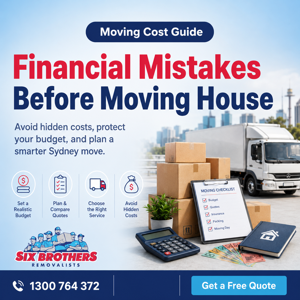 Financial mistakes before moving house featured image with truck, boxes and checklist by Six Brothers Removalists.