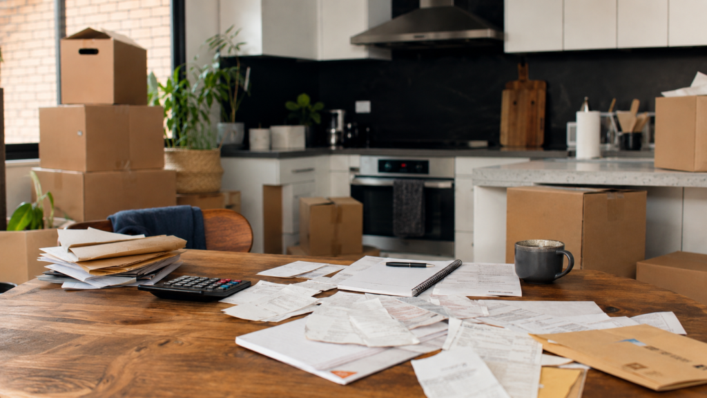 Financial mistakes before moving house cover image with bills, boxes and calculator by Six Brothers Removalists.