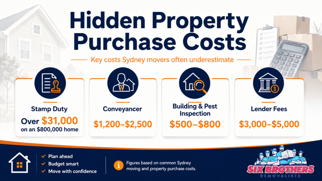 Financial mistakes before moving house infographic showing stamp duty and lender fees by Six Brothers Removalists.