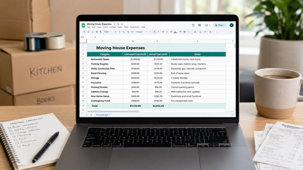 Financial mistakes before moving house spreadsheet on laptop with budget categories by Six Brothers Removalists.