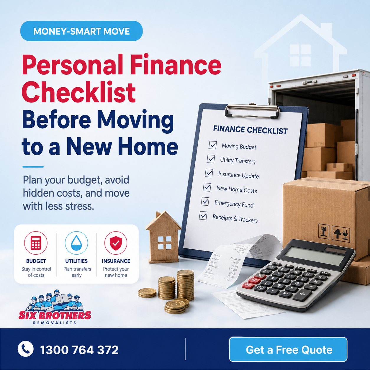 Personal finance checklist before moving to a new home by Six Brothers Removalists with budget and utility icons