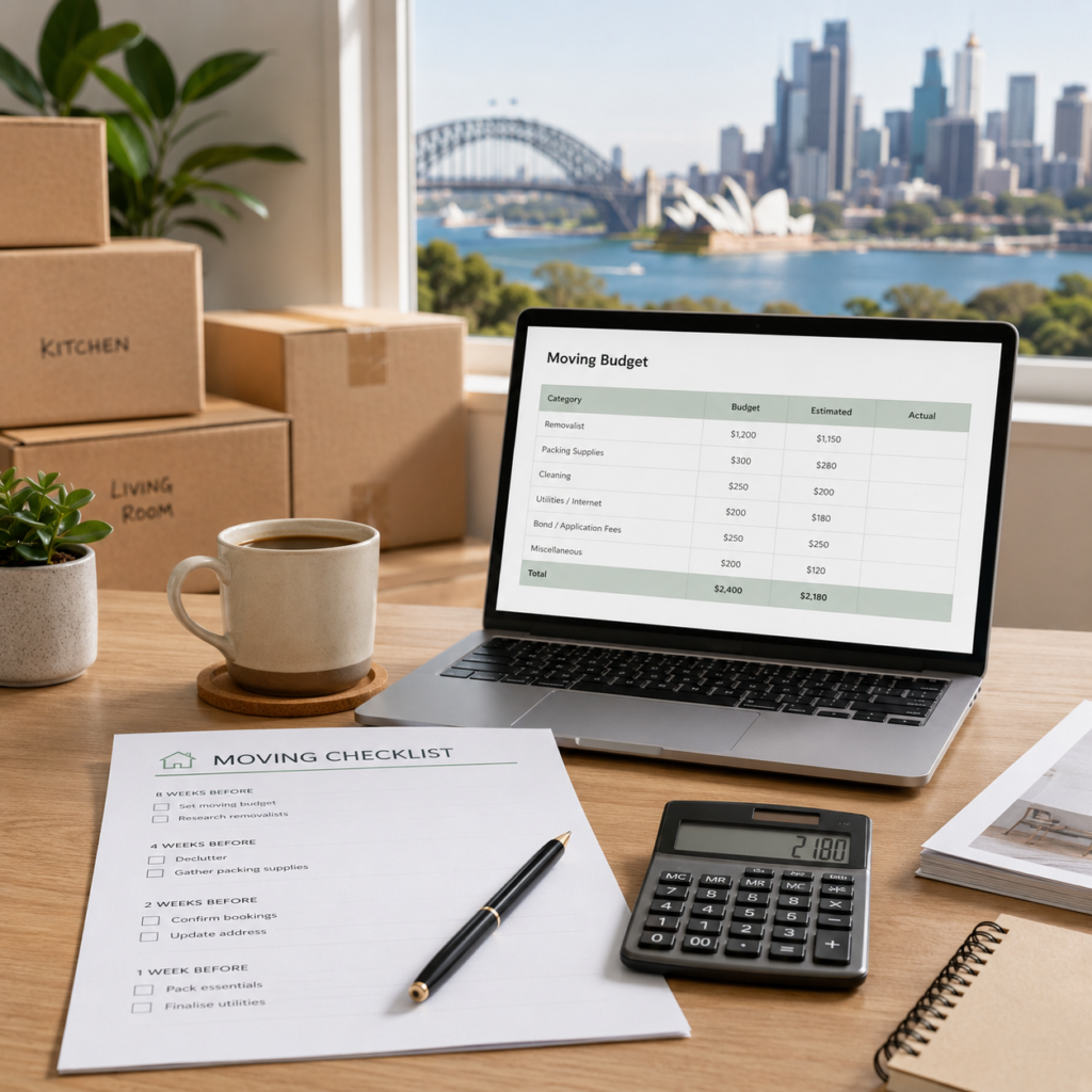 Personal finance checklist before moving to a new home by Six Brothers Removalists on a desk with laptop