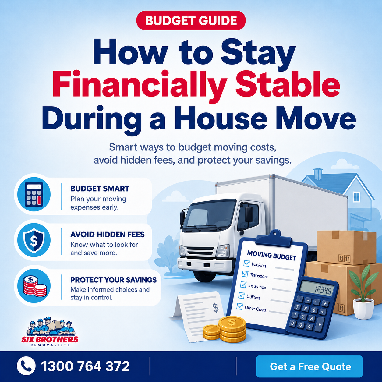 How to stay financially stable during a house move guide by Six Brothers Removalists with truck and moving budget
