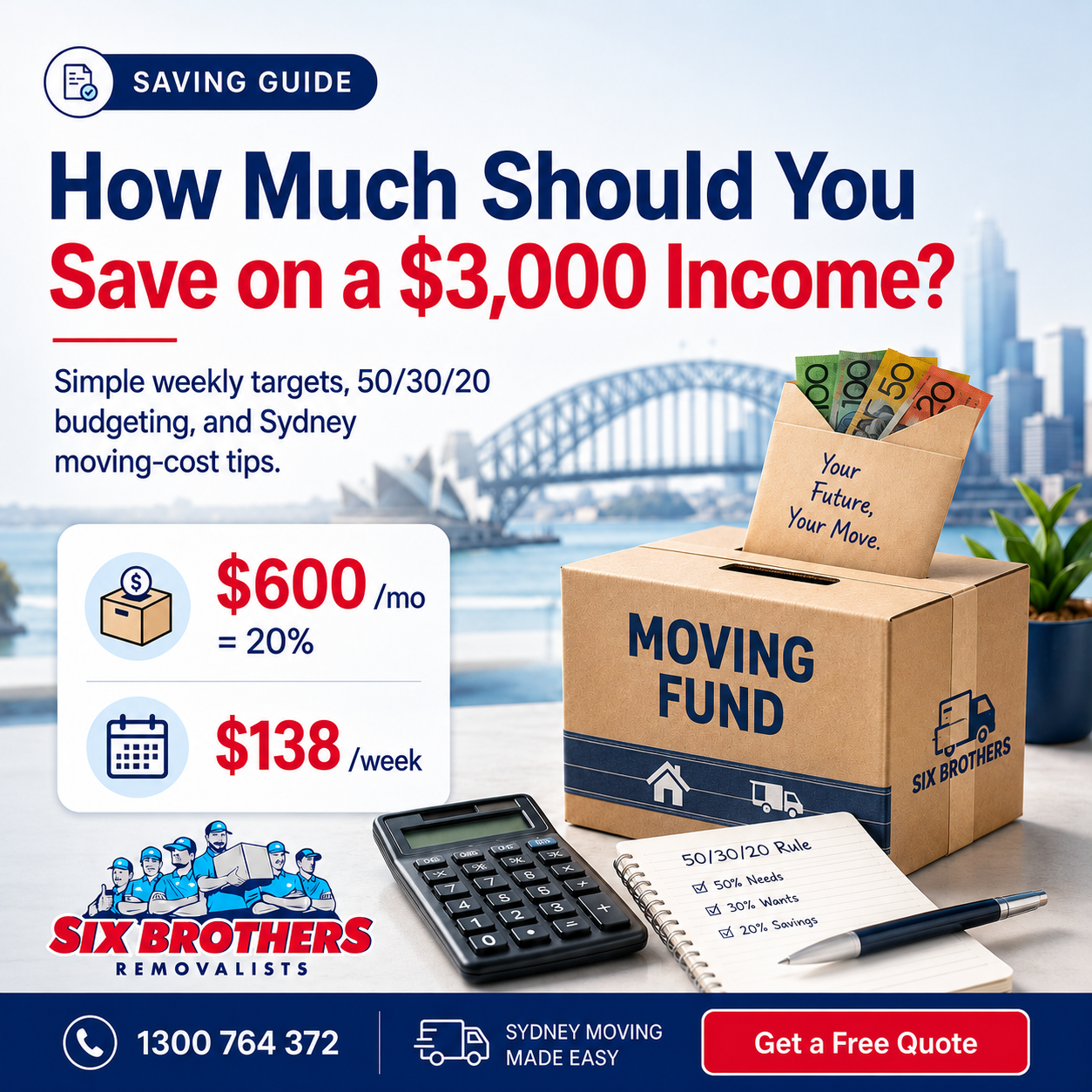 How much should I save if I make $3,000 a month guide by Six Brothers Removalists with moving savings tips